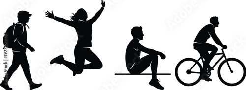 Four dynamic silhouettes depict various human movements and activities in daily life isolated on transparent background, Vector