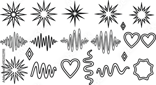 Collection of stylized icons depicting stars, sound waves, hearts, and geometric shapes isolated on transparent background, Vector