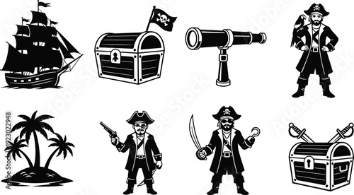 Iconic pirate-themed illustrations featuring ships, treasure, and adventurers isolated on transparent background, Vector