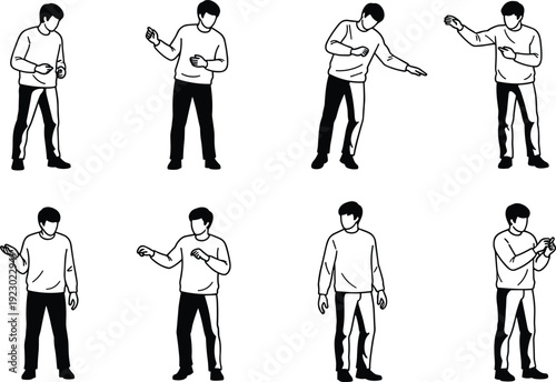 Illustrations of people performing various arm and hand gestures isolated on transparent background, Vector
