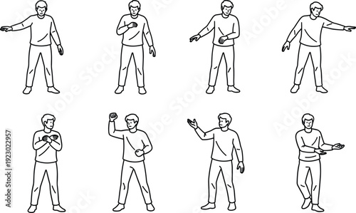 Illustrations of different human poses holding objects or gesturing with arms extended isolated on transparent background, Vector