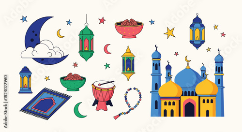 Colorful collection of islamic and middle eastern cultural icons and symbols isolated on transparent background, Vector