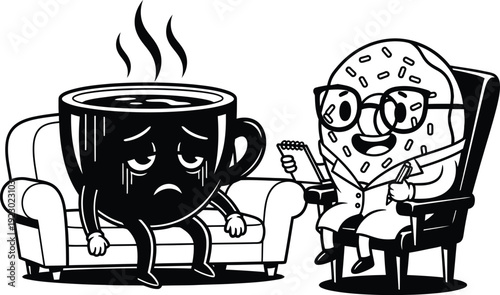 Sad coffee cup crying on couch talking to donut therapist with notepad tears