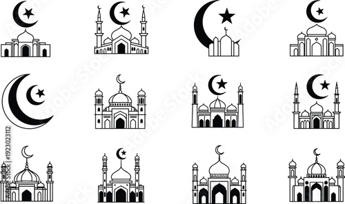 Historical and religious symbols from islamic architecture and astronomy isolated on transparent background, Vector