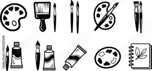 Hand Drawn Art Supply Icon Set with Paint Palette, Brushes, Paint Tubes and Sketchbook in Black Outline