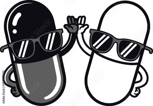 Two cartoon pills wearing sunglasses giving a high five capsule medicine