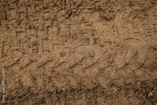 Close up of muddy ground with visible tire tread marks and soil texture. Abstract natural background with pattern and earth detail.
