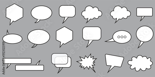 A collection of 18 various comic book style speech bubbles and text boxes in black and white on a gray background