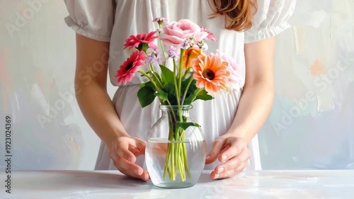 Woman's hands arranging a vibrant bouquet of fresh flowers in a glass vase