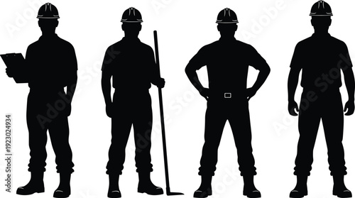 Construction worker silhouettes vector set, industrial labor characters with hard hats, clipboards, and tools, builder icons for engineering and architecture.