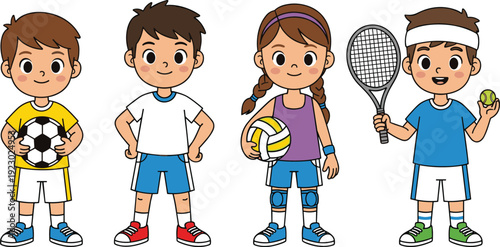 Cute cartoon children sports collection featuring kids playing soccer, volleyball, and tennis, active boy and girl athletes vector illustration icons.