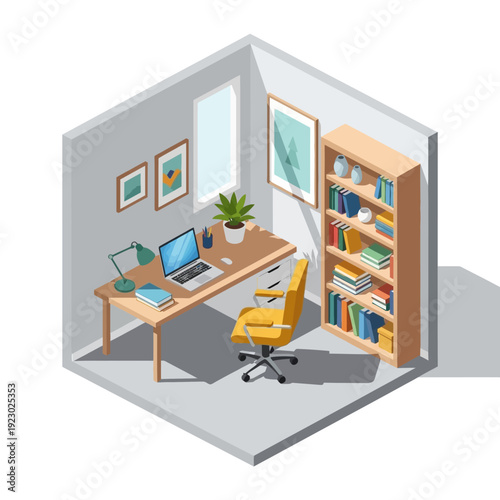 Cozy Home Office Setup with Desk Chair and Bookshelf.