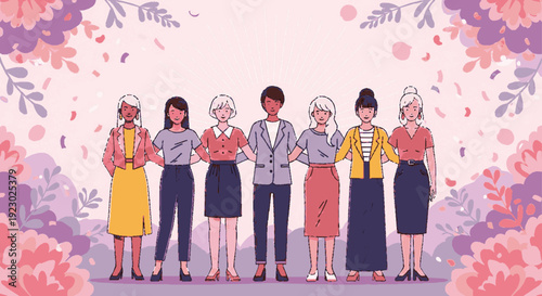 Diverse group of people standing together in unity and harmony with floral background