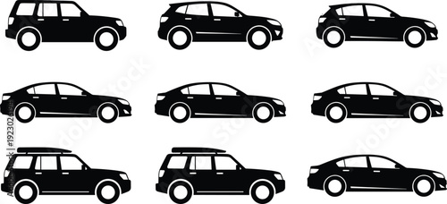Set of car side view silhouettes, black vehicle icons including SUV sedan and hatchback, automotive transportation graphics for web design,