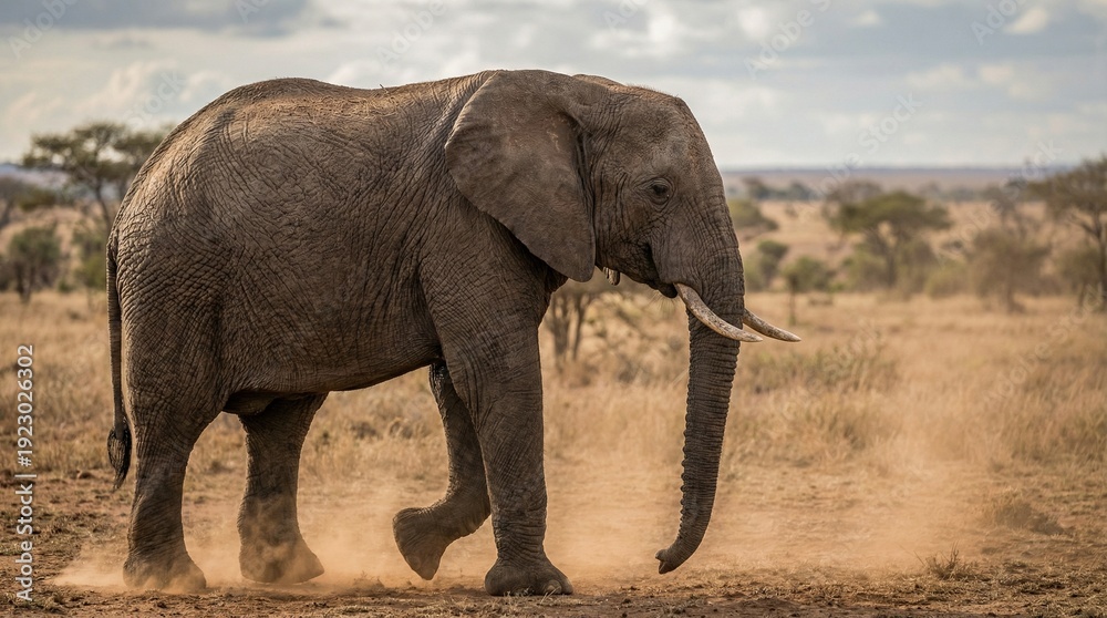 Obraz premium A large elephant walking through a savannah with dust kicked up around its feet.