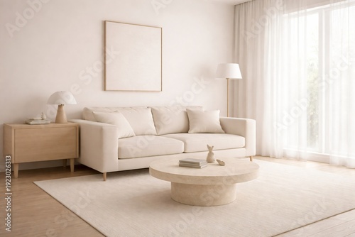 Modern minimalist living room interior with a cream sofa, round coffee table, blank picture frame, and bright natural light from a window.