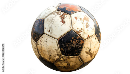 Close-up of a weathered, worn soccer ball with black, white, and orange-brown panels