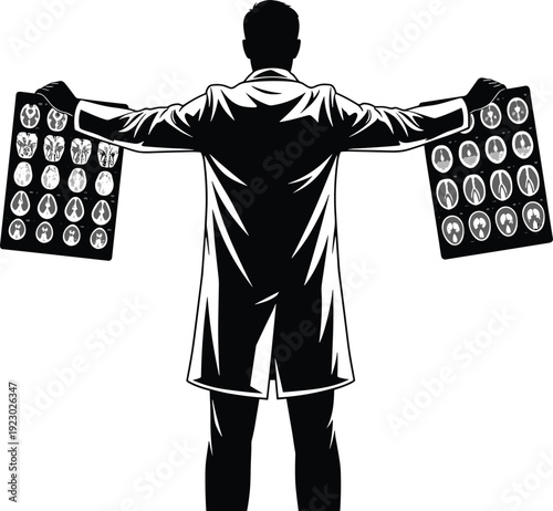 Doctor or Surgeon Silhouette Holding Brain MRI Scans, Medical Diagnostic Analysis, Healthcare Specialist Examining Radiology Results, Neurology and Neurosurgery Clinical Research.