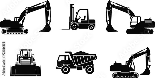 Heavy Construction Machinery Silhouettes Collection Featuring Excavators, Forklift, Dump Truck, and Bulldozer, Industrial Equipment for Building and Engineering Design Projects.