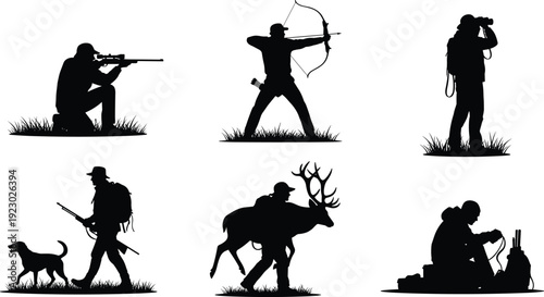 Hunting Silhouettes Collection with Hunter Aiming Rifle, Archery Bow, Walking with Dog, Carrying Deer Trophy, and Using Binoculars in Nature.