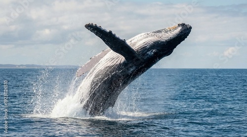 A humpback whale jumps out of the ocean water with a splash