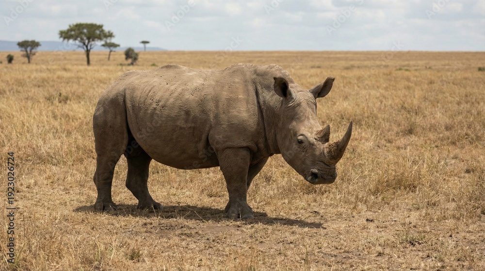 Obraz premium A rhinoceros stands in a dry savannah field with trees in the background under a cloudy sky.