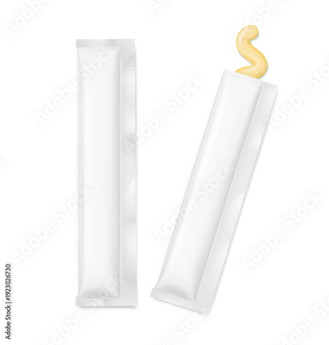 Cat treat lickable creamy snack packaging mockup. Vector illustration isolated on white background. Can be use for template your design, presentation, promo, ad. EPS10.