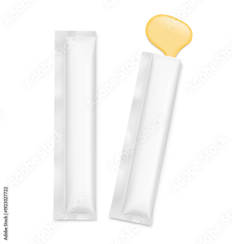 Cat treat lickable creamy snack packaging mockup. Vector illustration isolated on white background. Can be use for template your design, presentation, promo, ad. EPS10.