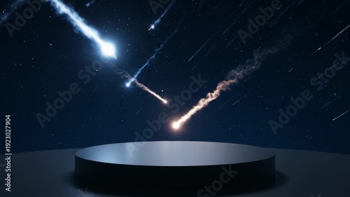 A dark stage awaits under a sky filled with falling stars. Meteors streak across the night, illuminating the cosmic scene.