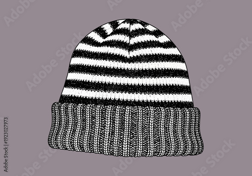 Black and White Striped Knitted Beanie Hat 1.