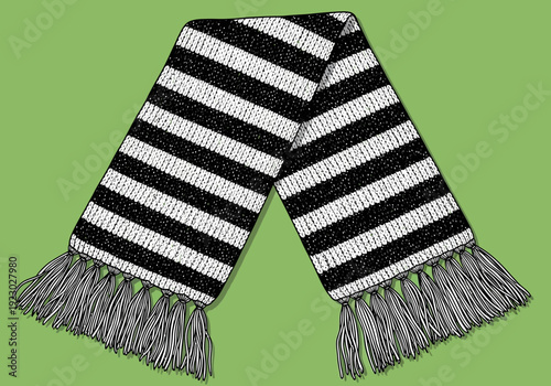 Black and White Striped Knitted Scarf with Fringe.