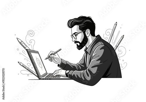 Graphic Designer Working on Laptop with Stylus 1.