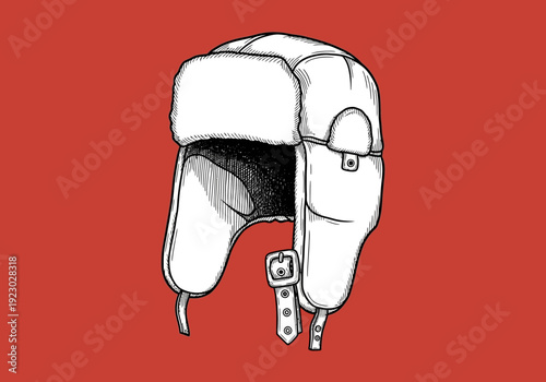 Illustration of a white Ushanka hat with ear flaps and buckle.