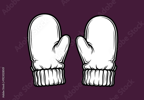 Pair of white knitted mittens on a dark background.