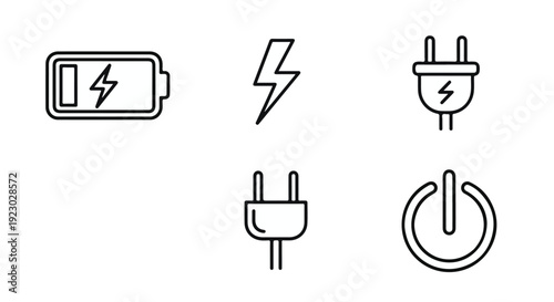 Electric power icons set including battery, lightning bolt, plug, and power button in simple line style for energy, technology, and electricity concepts