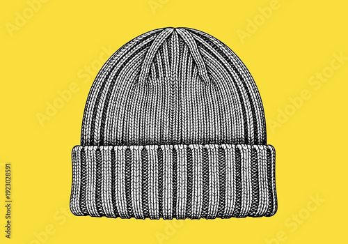 Striped Beanie Hat on Yellow Background.