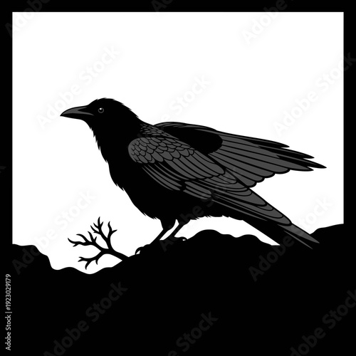 Black Crow Silhouette on a Branch.
