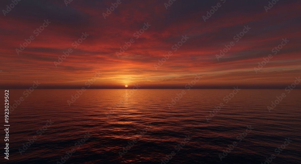 Obraz premium Vibrant sunset casts long reflections on tranquil ocean, clouds painted in warm tones
