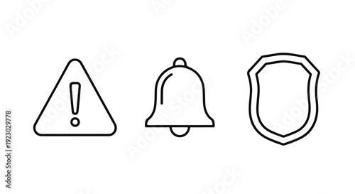 Warning signs and symbols icons set with exclamation mark triangle bell and shield on white background for notification alert and caution concept