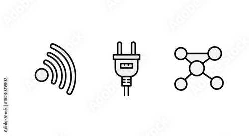 Modern technology icons set including Wi-Fi signal, electric plug, and molecular structure for science, innovation, and connectivity concepts in line art style