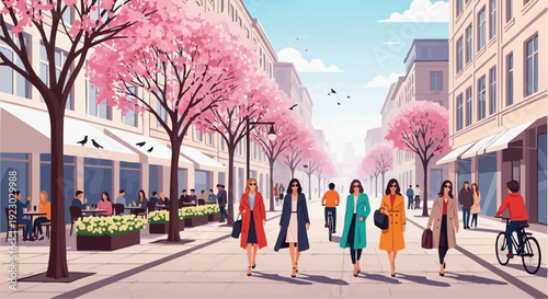 Women walk down a city street lined with pink cherry blossom trees on a sunny day with buildings and people