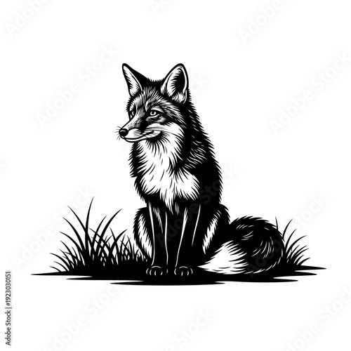 Black and White Fox Sitting in Grass Illustration.