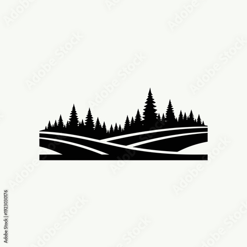 Black and white silhouette of a forest landscape with rolling hills.