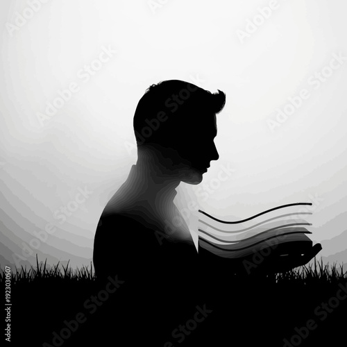 Silhouette of a man reading a book in a foggy landscape.