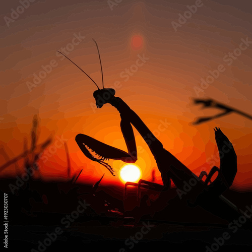 Silhouette of a Praying Mantis at Sunset.