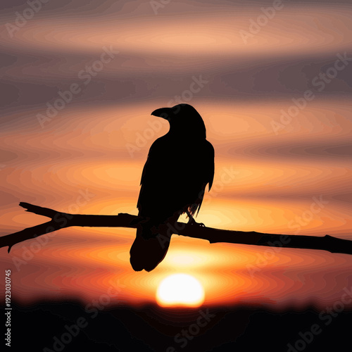 Silhouette of a Raven perched on a branch against a vibrant sunset.