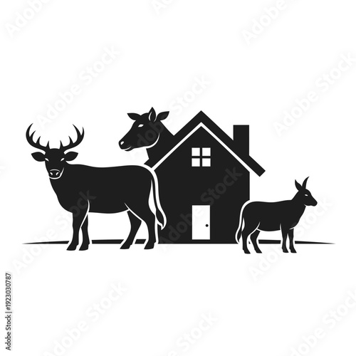 Farm Animals and House Silhouette.