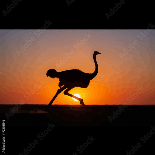 Silhouette of an ostrich running at sunset.