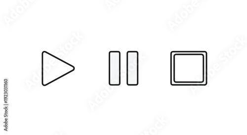 Media player control icons play pause stop button symbols in simple line style for digital video audio software applications