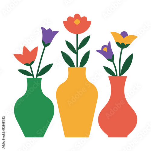 Three colorful vases with vibrant flowers on white background
